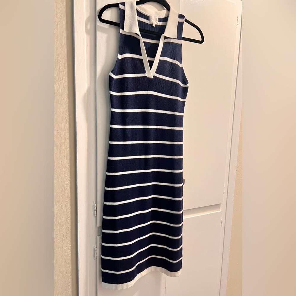 Elegant Navy and White Striped Midi Dress